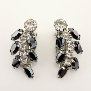 Elegant Silver and Black Crystal Clip On Earrings